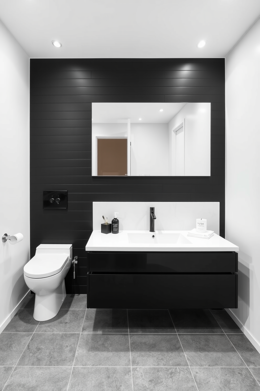 A striking black bathroom featuring artistic black and white wall art that serves as a focal point. The walls are adorned with a mix of abstract and geometric designs, creating a modern and sophisticated atmosphere. The fixtures are sleek and minimalist, with a freestanding black bathtub taking center stage. A large, frameless mirror reflects the artwork and enhances the sense of space and elegance.