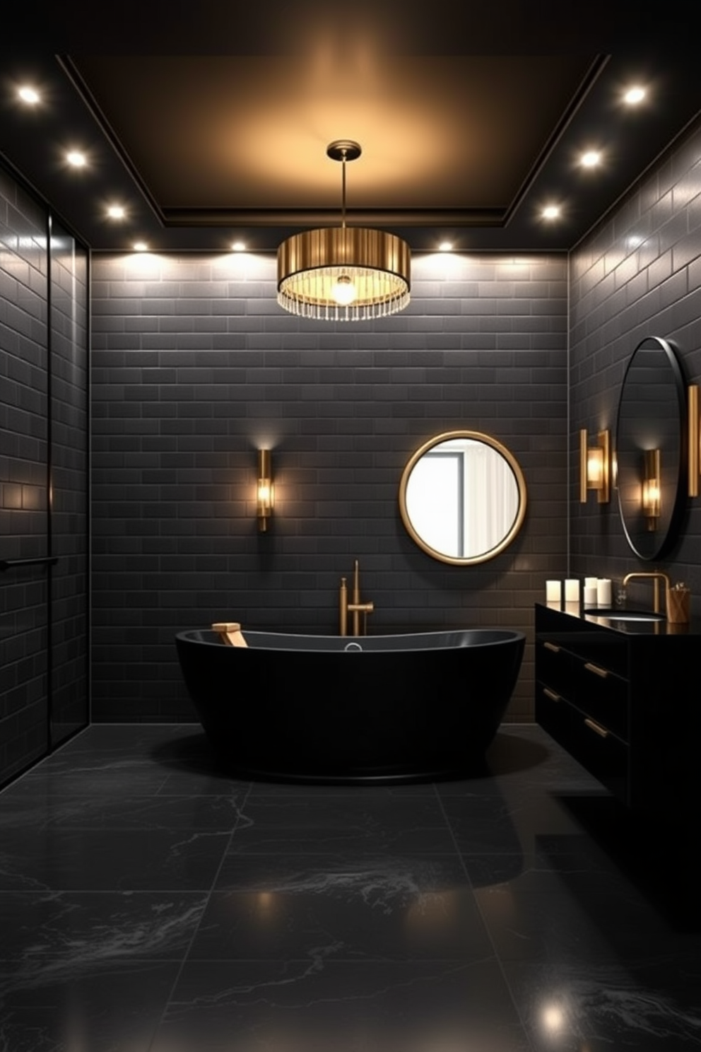 A striking black bathroom design featuring white tiles with intricate patterns enhanced by bold black grout. The space is accented with sleek black fixtures and a modern freestanding bathtub that serves as a stunning focal point.