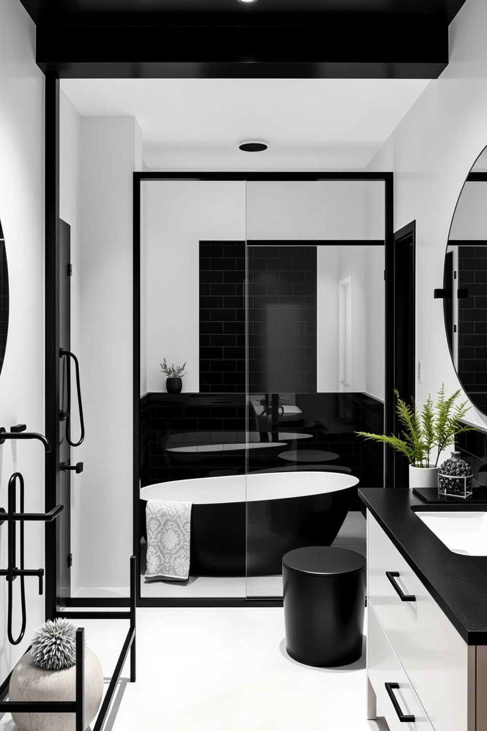 A modern bathroom design featuring sleek floating black shelves mounted on the walls for stylish storage solutions. The overall aesthetic is enhanced by matte black fixtures and a minimalist color palette, creating a cohesive and sophisticated look. The walls are adorned with textured black tiles that add depth to the space. A large round mirror above the sink reflects natural light, making the room feel more spacious and inviting.