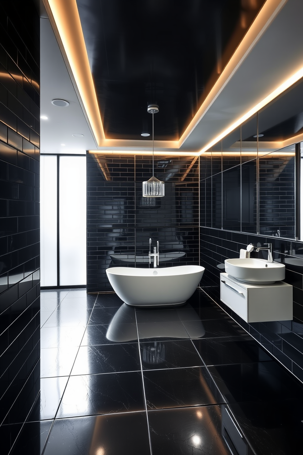 A sleek modern bathroom featuring matte black tiles that create a striking contrast with the white fixtures. The space includes a freestanding bathtub and a spacious walk-in shower with frameless glass doors. The walls are adorned with minimalist art pieces that enhance the contemporary aesthetic. Soft ambient lighting highlights the rich textures of the matte black tiles, adding depth and sophistication to the design.