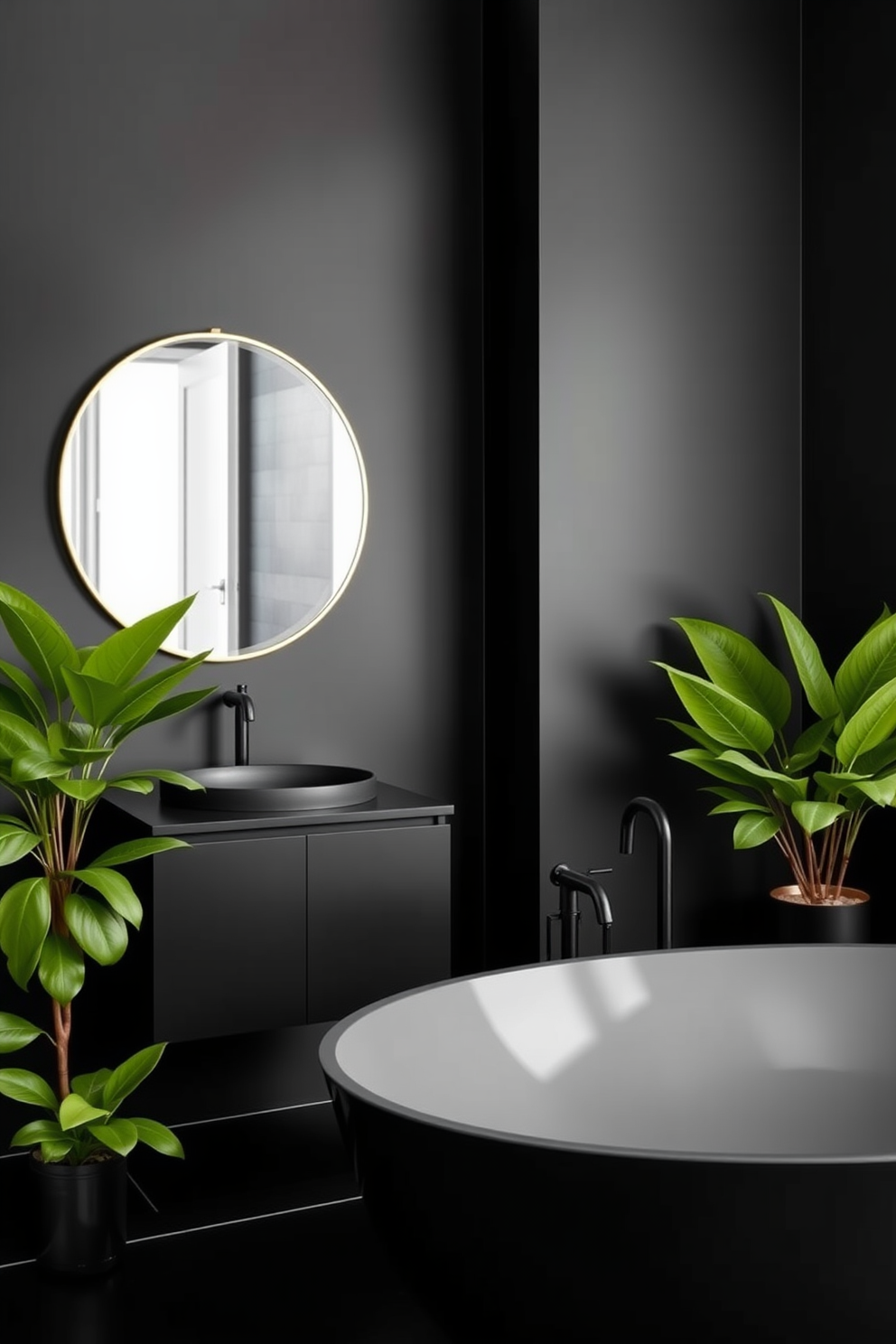 A striking black bathroom setting. The walls are painted in a deep matte black, complemented by sleek black fixtures and a modern freestanding tub. To add a touch of elegance, a large round mirror with a thin gold frame is mounted above a minimalist black vanity. Lush green plants in stylish pots are placed strategically around the space, bringing freshness and life to the bold design.