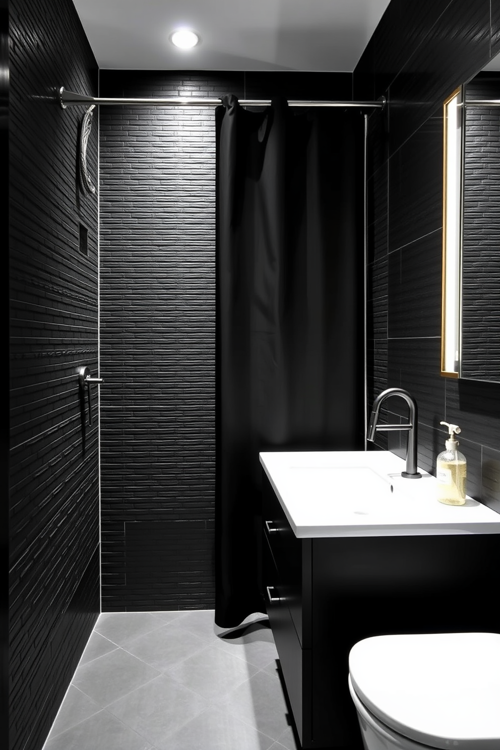 A sleek black bathroom featuring dark slate flooring that exudes sophistication. The walls are adorned with matte black tiles, and a freestanding tub sits elegantly in the corner. A modern double vanity with a glossy black finish and gold fixtures creates a striking contrast. Ambient lighting highlights the space, casting a warm glow over the minimalist decor.