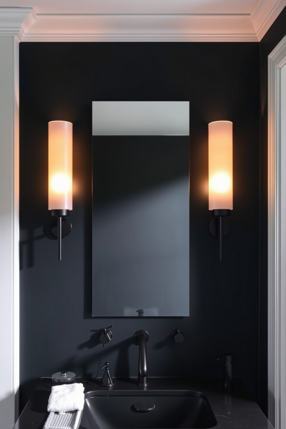 A modern black bathroom featuring sleek plumbing fixtures that enhance the overall aesthetic. The walls are adorned with matte black tiles, and the floor showcases a contrasting white geometric pattern. A freestanding black bathtub takes center stage, surrounded by minimalist decor. The vanity is crafted from dark wood with a black stone countertop, complemented by stylish black plumbing fixtures.