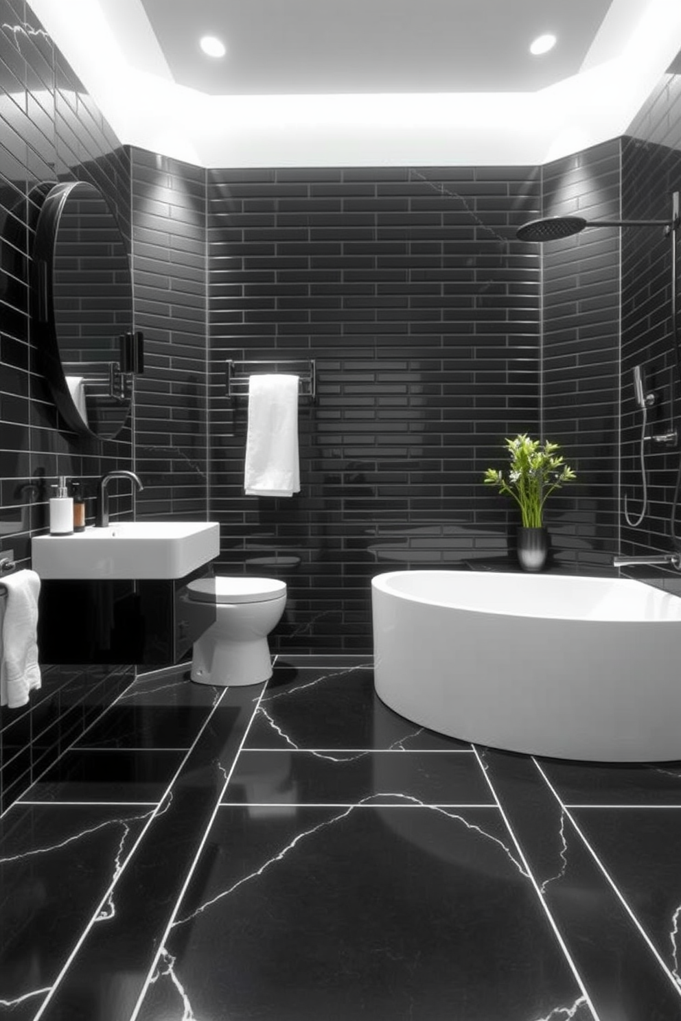 A sleek black bathroom featuring layered lighting that creates a warm ambiance. The walls are adorned with matte black tiles and the floor is finished with polished black stone. The lighting fixtures include pendant lights with black shades and recessed lighting that highlights the elegant features. A freestanding black tub sits at the center, complemented by a minimalist black faucet.