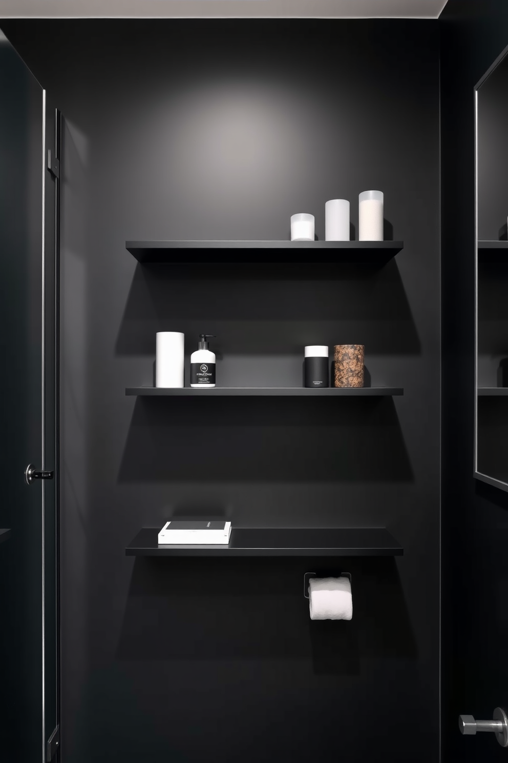 A sleek black bathroom featuring wall-mounted black shelves that emphasize minimalism. The shelves are adorned with carefully curated decor items, creating an uncluttered and sophisticated look.