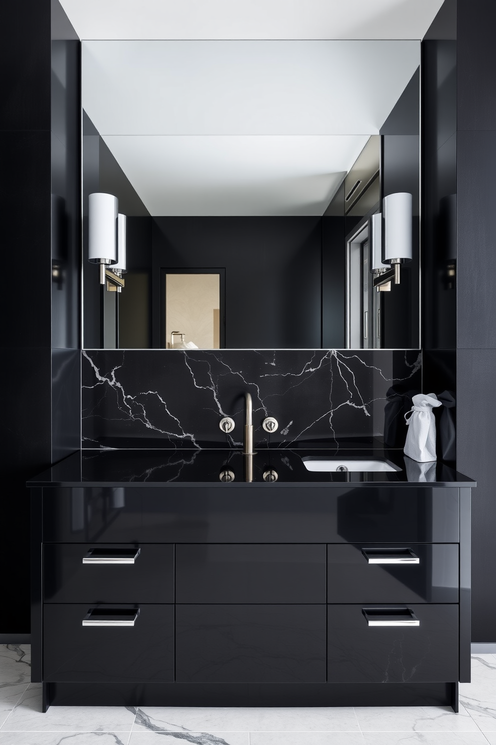 A striking black bathroom design featuring sleek chrome fixtures. The walls are adorned with matte black tiles, while a freestanding chrome bathtub takes center stage against a backdrop of elegant black marble. A spacious black vanity with chrome handles complements the overall aesthetic. Above the vanity, a large frameless mirror reflects the contemporary design, illuminated by stylish chrome sconces on either side.