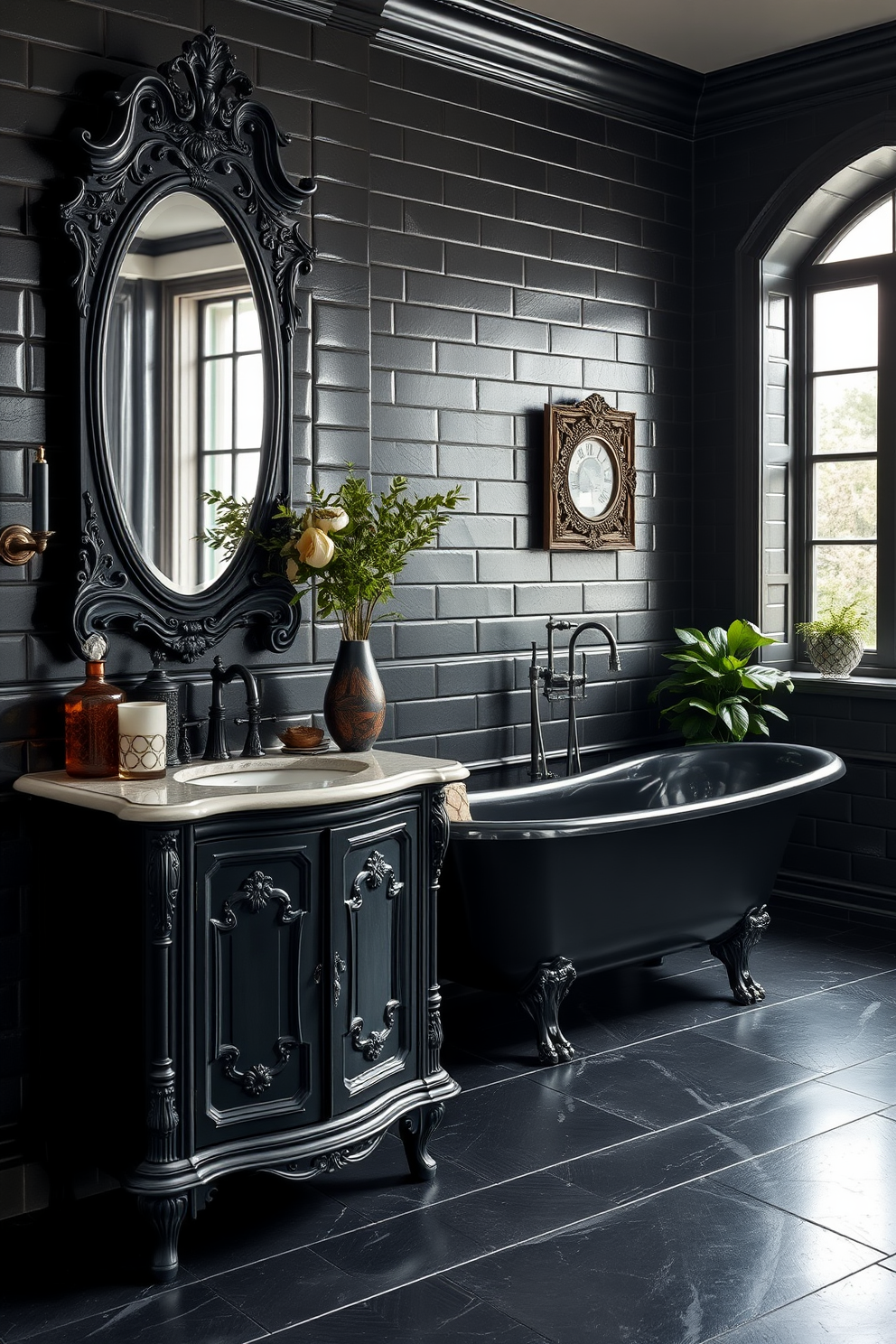 A luxurious black bathroom featuring sleek black and glass shower doors that exude elegance. The space is accented with gold fixtures and a large freestanding tub positioned under a stylish chandelier. The walls are adorned with textured black tiles, creating a dramatic backdrop. A minimalist vanity with a polished black countertop complements the overall design, while soft lighting enhances the ambiance.