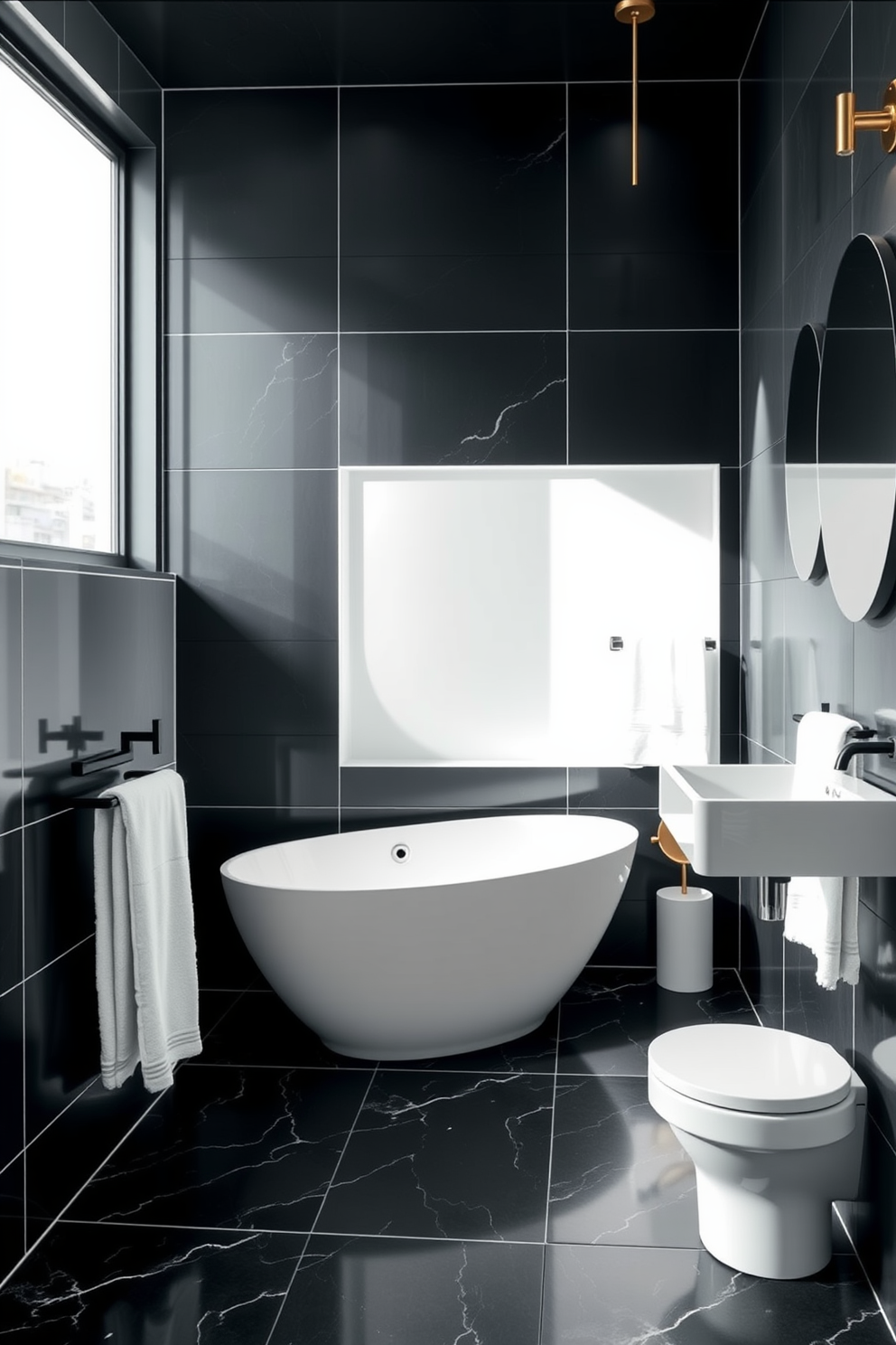 A striking black and white bathroom featuring sleek fixtures and minimalist design. The walls are adorned with large format black tiles, and a freestanding white bathtub sits elegantly in the center. A wall-mounted sink with a modern faucet complements the overall aesthetic. Accents of gold in the lighting fixtures and towel racks add a touch of luxury to the monochromatic theme.