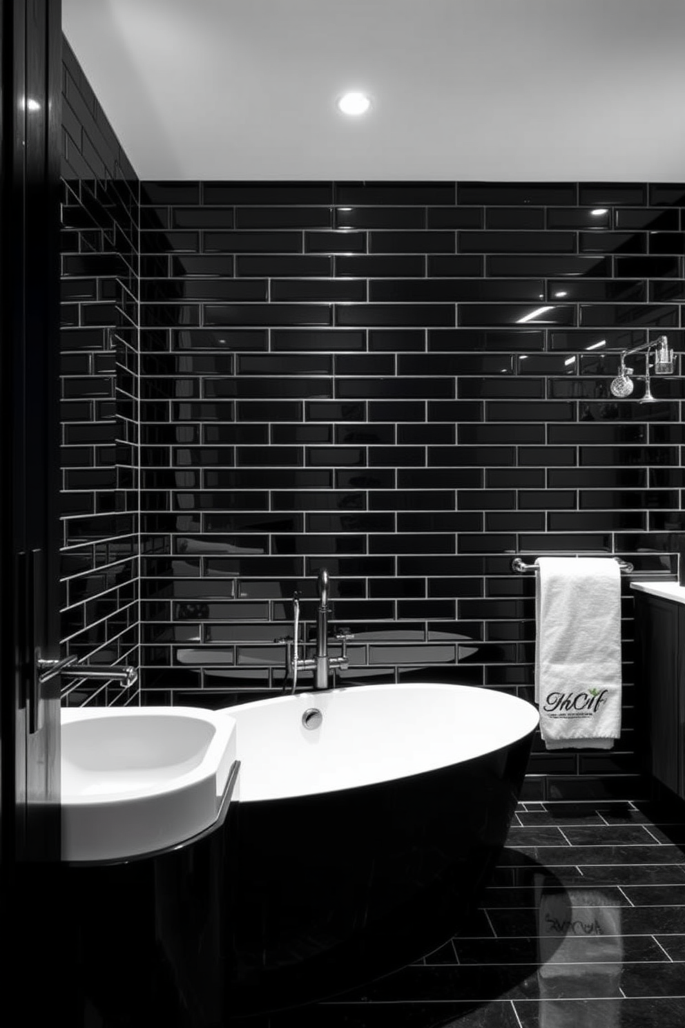 A chic black bathroom featuring plush black towels neatly arranged on a wooden towel rack. The accessories include a sleek black soap dispenser and a matching toothbrush holder, all set against a backdrop of glossy black tiles. The space is illuminated by elegant pendant lights that cast a warm glow over the room. A modern freestanding bathtub adds a touch of luxury, complemented by a minimalist black and white artwork on the wall.