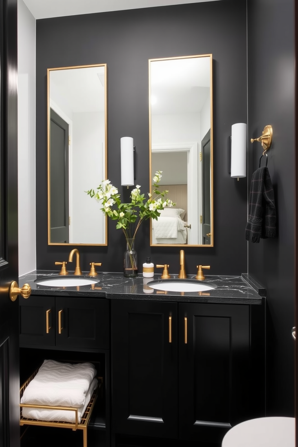 A chic black bathroom design features sleek matte black cabinetry that adds a modern touch. The space is complemented by gold fixtures and accents, creating a striking contrast against the bold cabinetry.