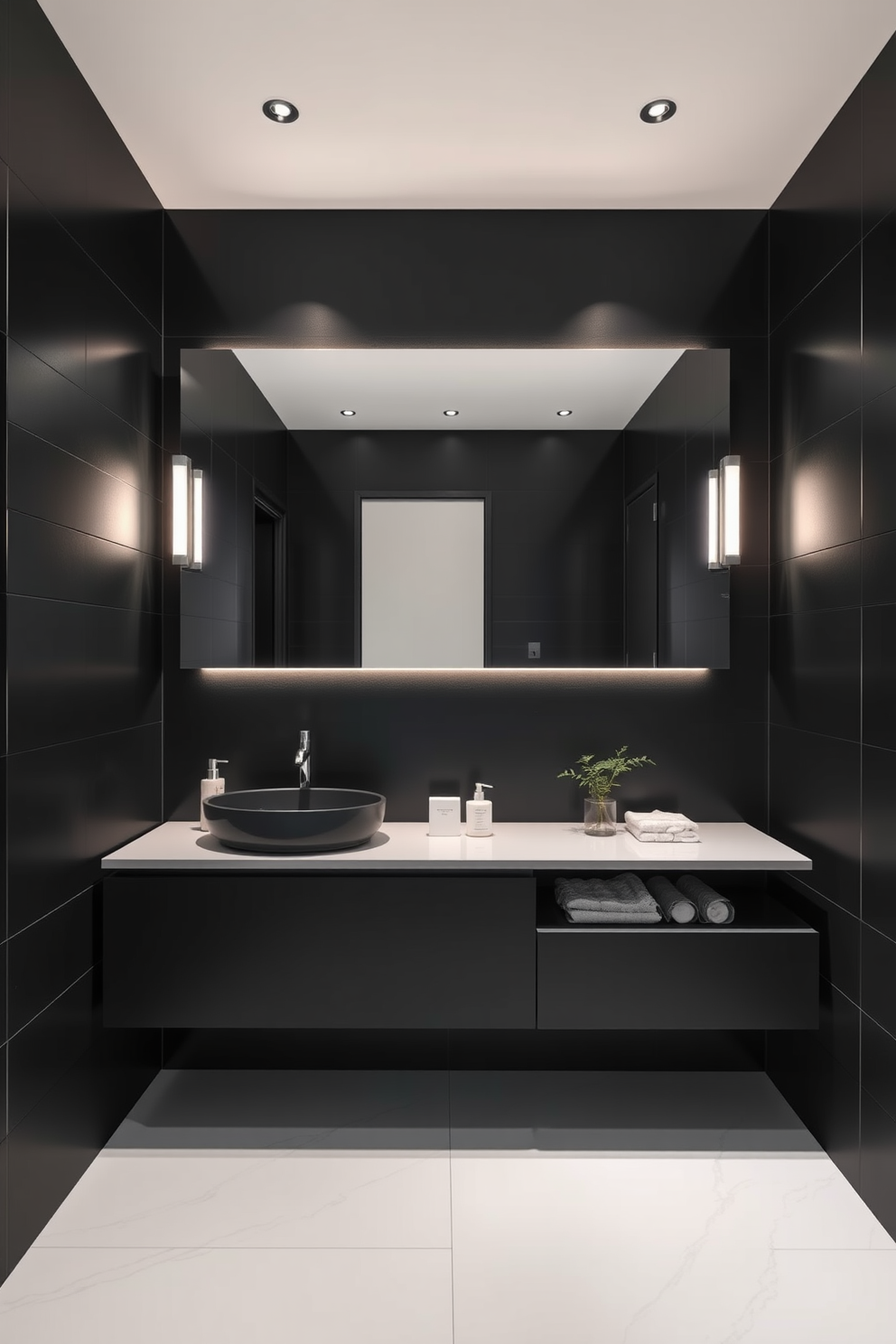 A sleek floating black vanity creates an illusion of spaciousness in the bathroom. The walls are adorned with matte black tiles, and the floor features large white porcelain tiles for a striking contrast. Soft ambient lighting illuminates the space, highlighting the elegant fixtures and accessories. A large frameless mirror reflects the modern design elements, enhancing the overall aesthetic.