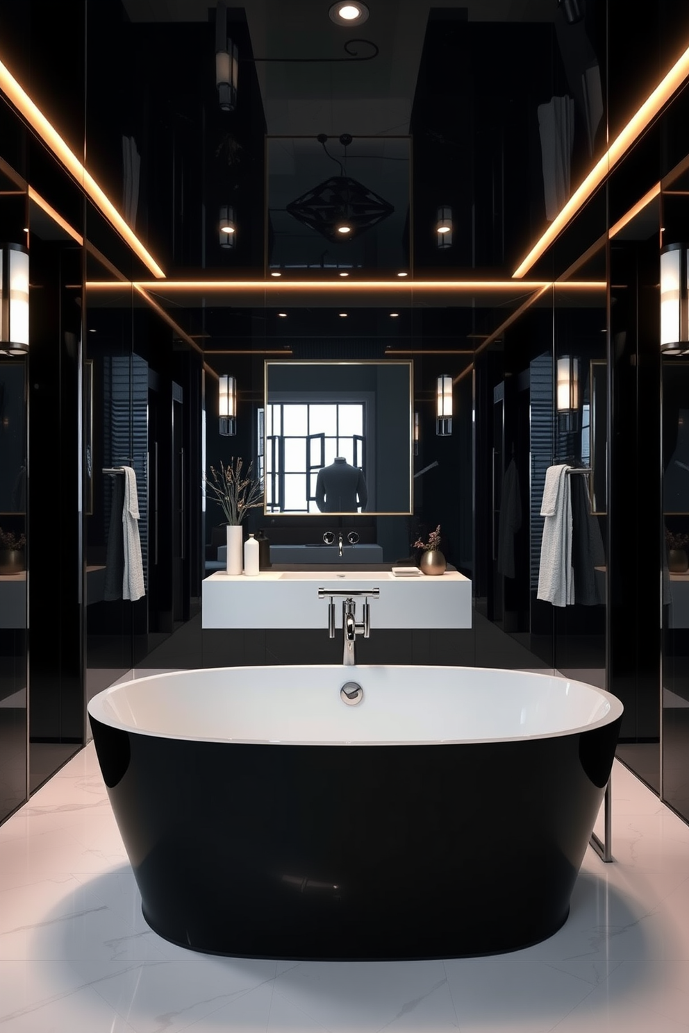 A striking black freestanding tub sits elegantly against pristine white walls, creating a bold contrast that exudes luxury. The floor is adorned with sleek black tiles, enhancing the modern aesthetic of the space. Minimalist black fixtures complement the tub, while a stylish wooden stool nearby holds plush towels. A large window allows natural light to flood the room, highlighting the sophisticated design elements.