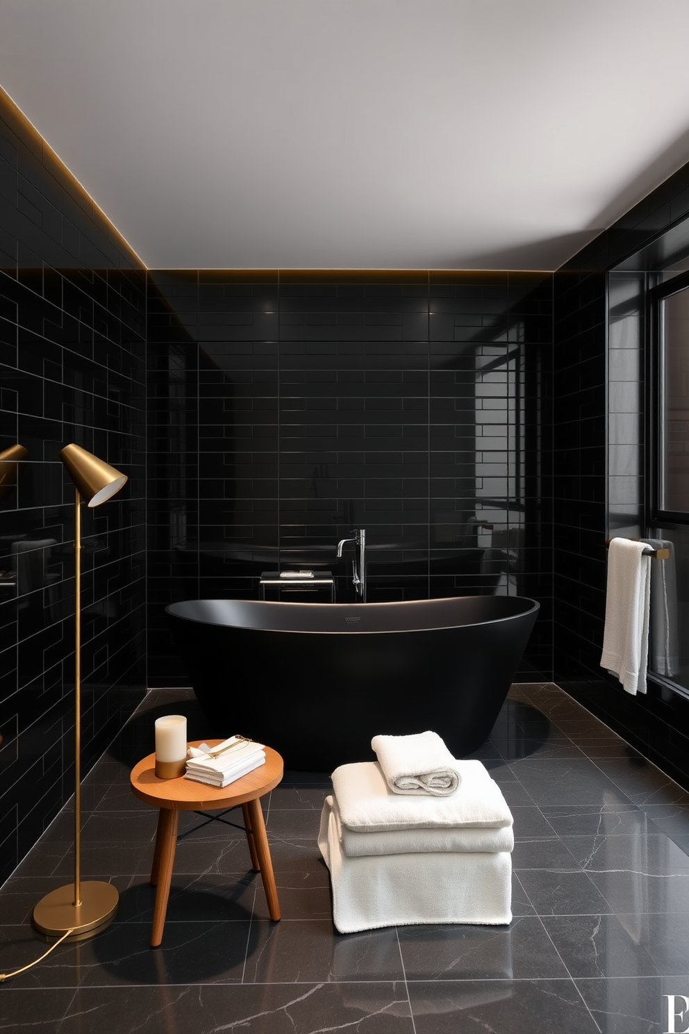 A freestanding black bathtub serves as the centerpiece of this luxurious bathroom. The surrounding walls are adorned with sleek black tiles, creating a dramatic and elegant atmosphere. Soft ambient lighting highlights the curves of the bathtub, while a chic gold floor lamp stands nearby. A minimalist wooden stool beside the tub holds plush towels and a scented candle for added relaxation.