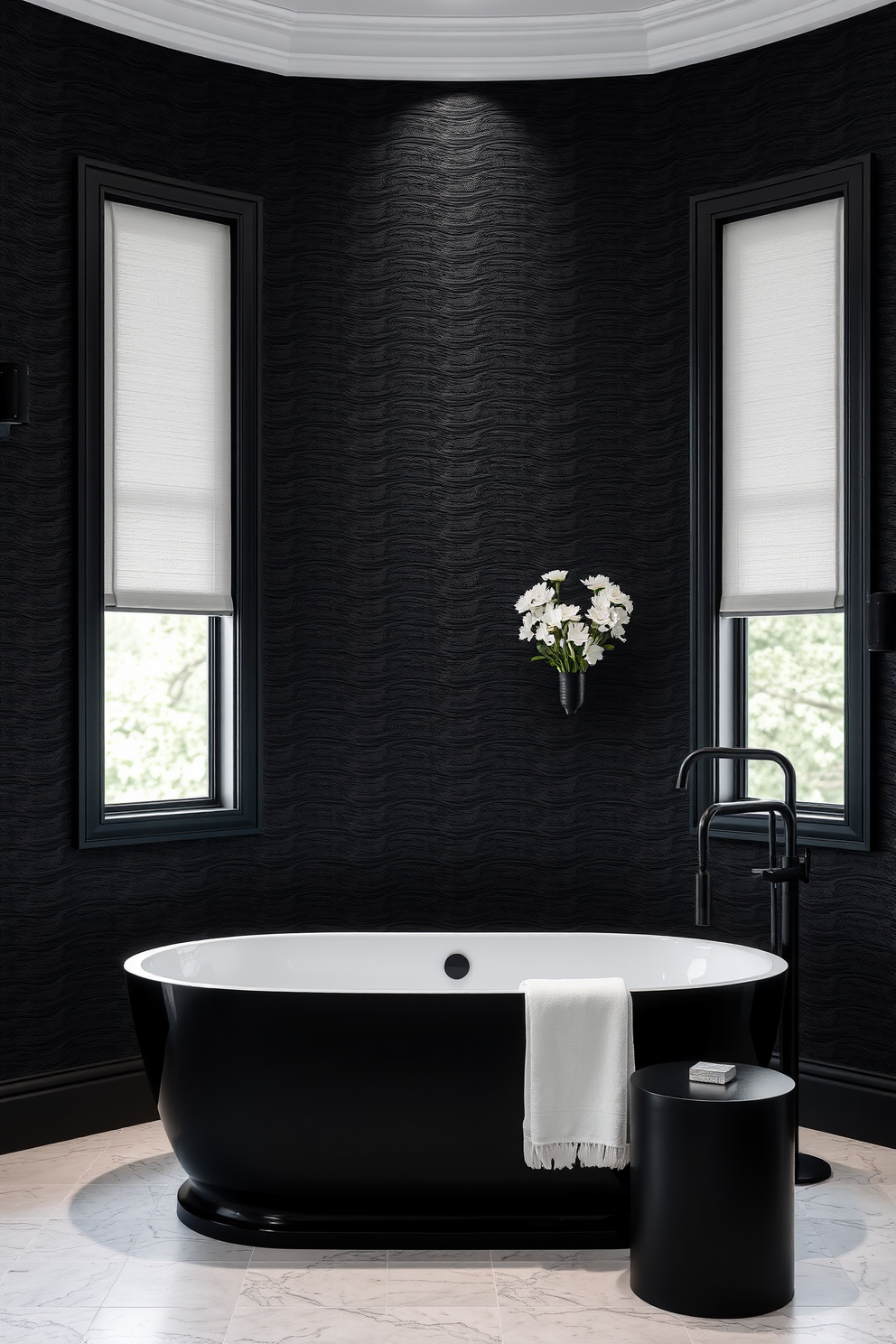 A luxurious bathroom featuring textured black wallpaper that adds depth and sophistication to the space. The room is accented with sleek black fixtures and a freestanding soaking tub that serves as the focal point.