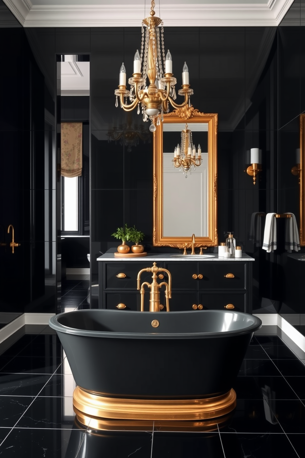 A luxurious black bathroom featuring sleek black tiles on the floor and walls. Gold accents are incorporated through a stunning chandelier, faucet fixtures, and decorative elements to enhance the opulence of the space. The centerpiece is a freestanding black bathtub with a gold floor-mounted faucet. A large gold-framed mirror hangs above a stylish black vanity with gold hardware, creating a striking focal point in the room.