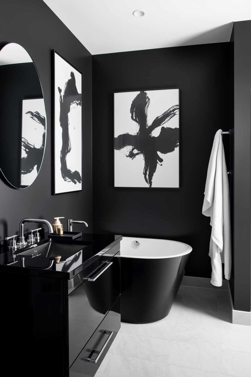 Monochrome art pieces add a striking visual interest to a black bathroom design. The walls are painted in a deep matte black, creating a dramatic backdrop for large black and white abstract artwork that hangs above a sleek freestanding tub. A minimalist black vanity with a glossy finish complements the overall aesthetic. Accents of polished chrome in the fixtures and accessories provide a touch of elegance against the bold monochrome palette.