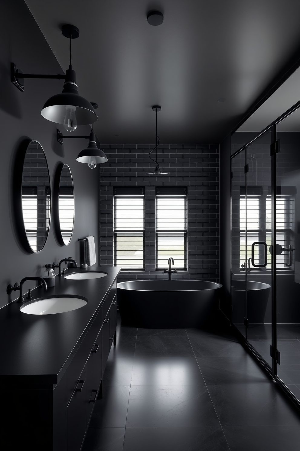 A striking black bathroom design featuring industrial black lighting fixtures that create a bold contrast against the sleek surfaces. The space is complemented by matte black fixtures, a freestanding tub, and a large walk-in shower with glass doors.