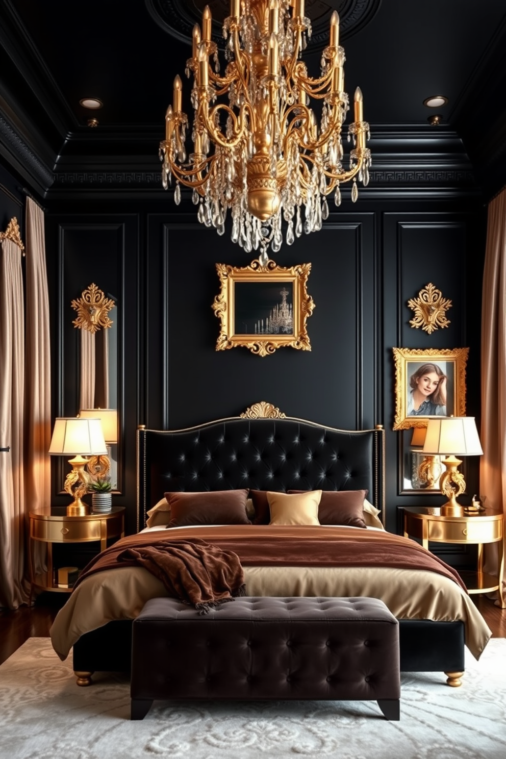 Elegant black walls create a dramatic backdrop for a luxurious bedroom. The space is adorned with gold accents, including a stunning chandelier and ornate picture frames that enhance the opulence of the design. A plush king-sized bed with a velvet headboard takes center stage, complemented by elegant gold bedside tables. Rich textures and fabrics, such as silk curtains and a soft area rug, add warmth and sophistication to the overall aesthetic.