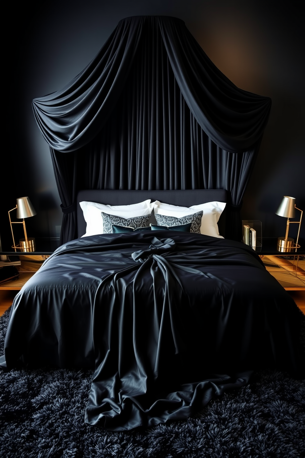 A striking black canopy bed takes center stage in the room, draped with luxurious fabric that cascades to the floor. The walls are painted in a deep charcoal hue, enhancing the dramatic atmosphere and creating a cozy retreat. Flanking the bed are sleek nightstands with polished gold accents, each topped with elegant lamps that cast a warm glow. A plush area rug in rich textures lies beneath the bed, adding warmth and comfort to the sophisticated black bedroom design.