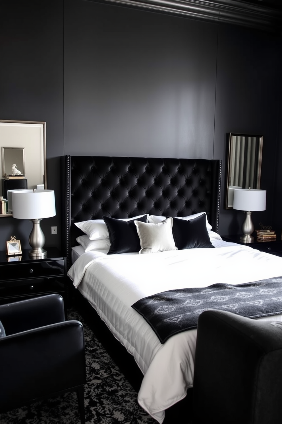 A stylish black bedroom featuring a large bed with a plush black velvet headboard. The walls are painted in a deep charcoal hue, and a sleek black nightstand sits on either side of the bed, topped with modern lamps. Install black-framed mirrors on the walls to create a sense of depth and enhance the room's elegance. A cozy reading nook in one corner includes a chic armchair and a small bookshelf, adding a touch of sophistication to the space.