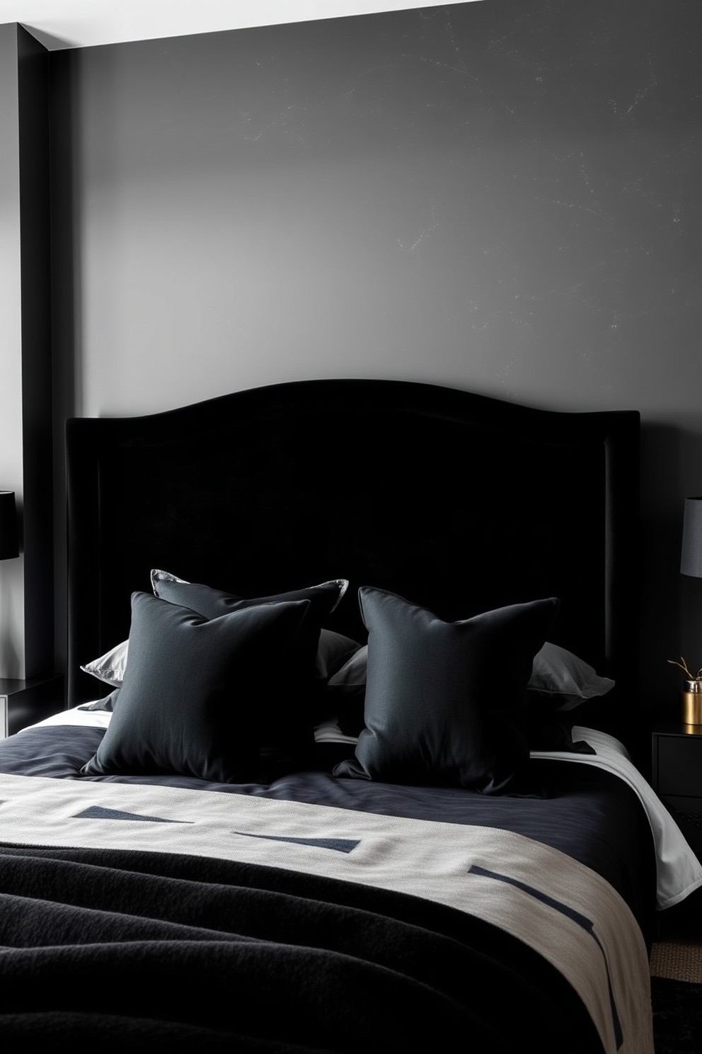 A modern black bedroom featuring sleek black nightstands on either side of a plush king-sized bed. Each nightstand is topped with a unique lamp that adds a touch of artistic flair to the space.