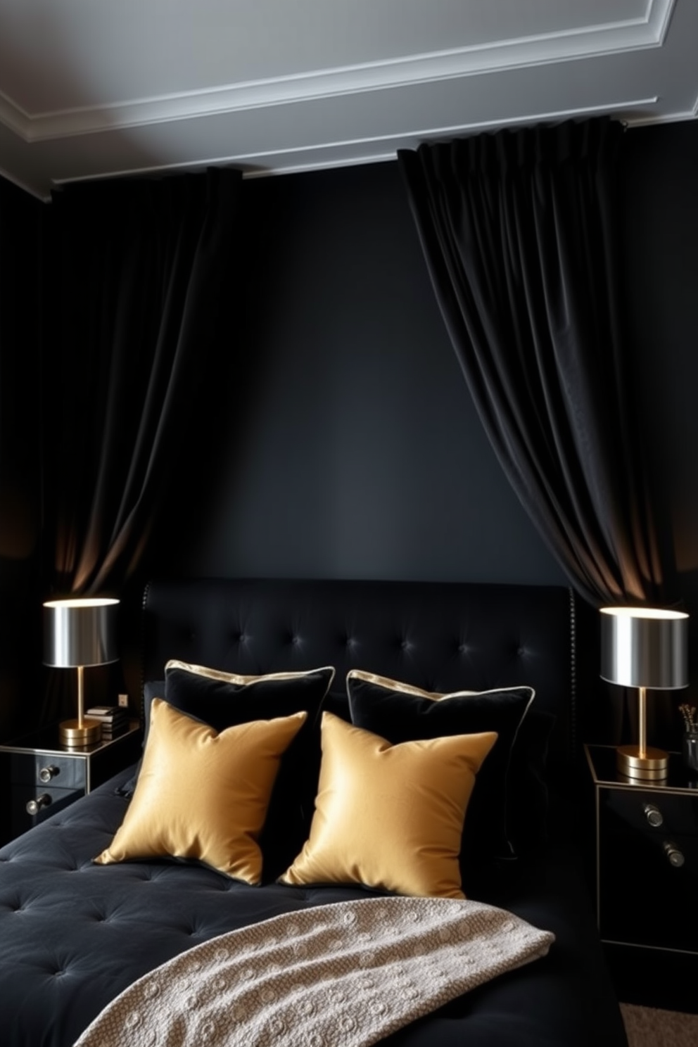 A luxurious black bedroom with deep velvet curtains draping elegantly across the windows. The bed features a plush black headboard and is adorned with gold accent pillows, creating a striking contrast. A sleek nightstand with a metallic finish sits on either side of the bed, topped with modern lamps that emit a warm glow. The walls are painted in a rich matte black, enhancing the sophistication of the space.