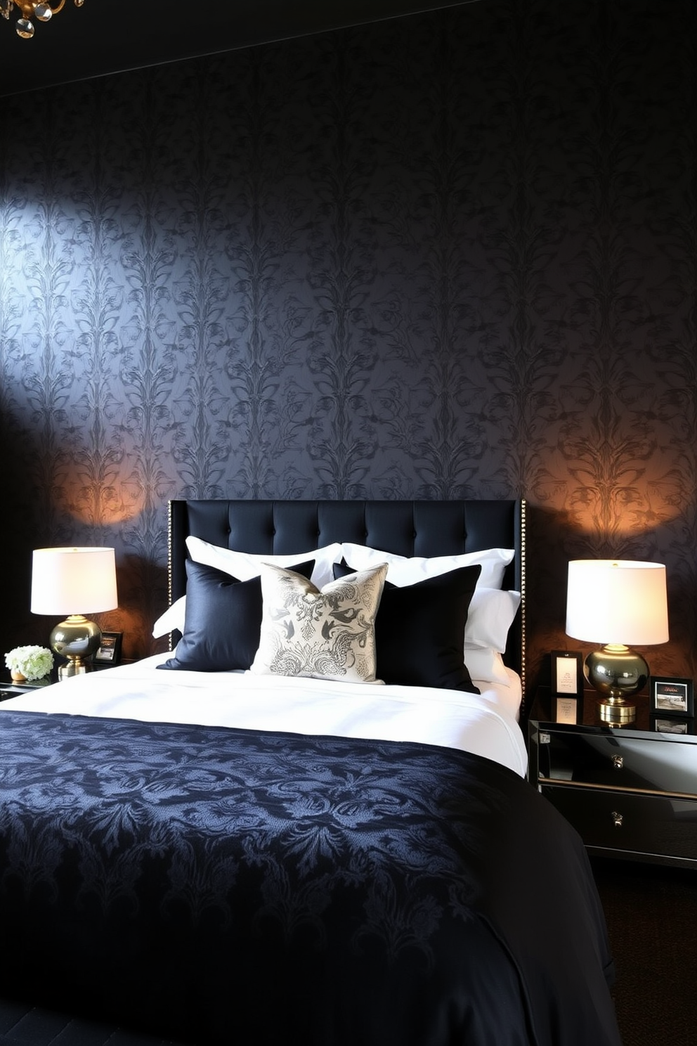 A serene black bedroom setting featuring a plush king-sized bed dressed in luxurious black linens. Flanking the bed are elegant nightstands with sleek gold lamps that cast a warm glow. Incorporating lush green plants in decorative pots adds a fresh touch to the space. A large leafy plant sits in the corner, complementing the dark color palette and enhancing the room's tranquility.