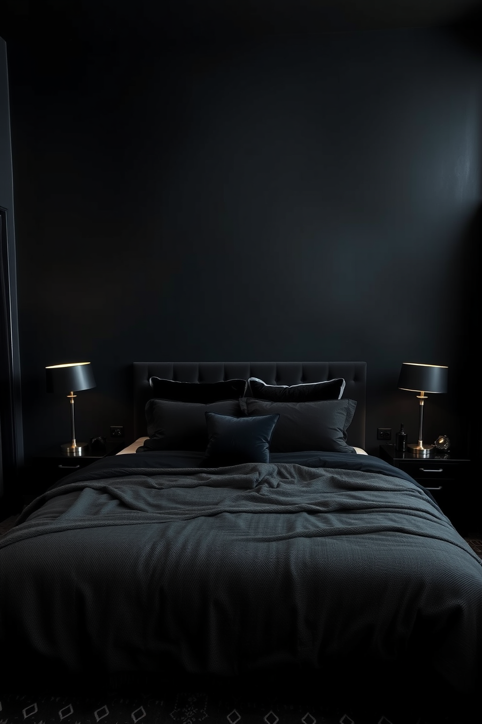 A luxurious black bedroom featuring a statement bed with a plush black velvet headboard. The room is accented with brass hardware on the nightstands and dresser, adding a touch of elegance and sophistication. Soft ambient lighting emanates from stylish brass sconces mounted on the walls. Rich black curtains frame the windows, creating a cozy and intimate atmosphere in the space.