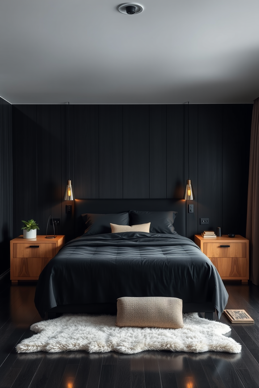 A stylish black bedroom featuring natural wood elements for warmth. The bed is framed with a sleek black headboard and complemented by wooden nightstands on either side. Soft lighting from pendant lamps hangs above the nightstands, casting a warm glow across the room. The walls are adorned with dark wood paneling, while a plush area rug adds texture to the dark hardwood floor.