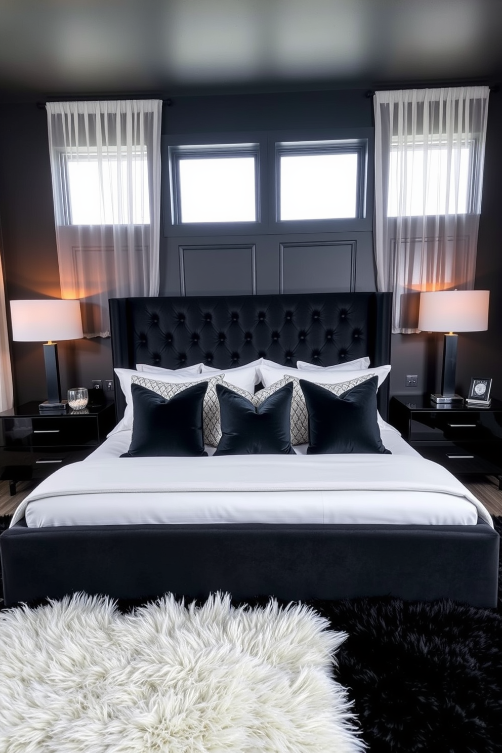 A luxurious black bedroom setting. The walls are painted in a deep charcoal hue, creating a cozy atmosphere. A king-sized bed with a tufted black velvet headboard takes center stage, adorned with crisp white linens and an array of textured throw pillows. Beside the bed, sleek black nightstands hold modern lamps with warm light, enhancing the inviting ambiance. A plush black area rug anchors the space, adding comfort underfoot. Large windows draped with sheer white curtains allow soft natural light to filter in, balancing the room's darker elements.