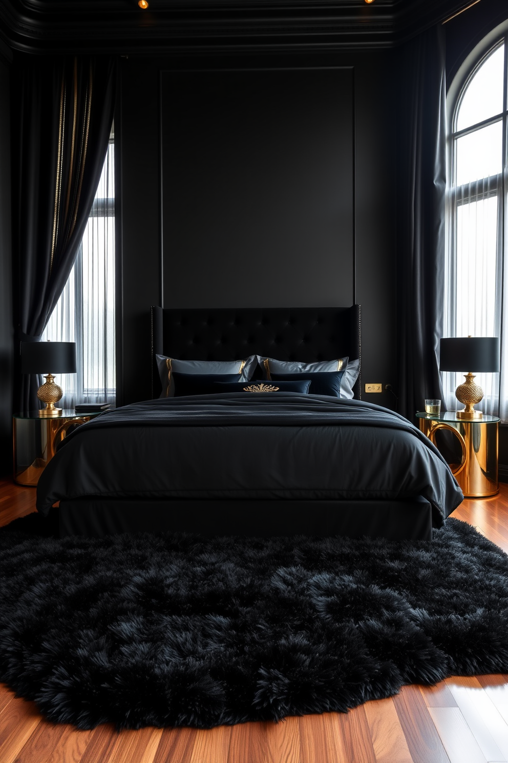 A luxurious black bedroom featuring a dramatic black ceiling that creates an intimate and cozy atmosphere. The walls are adorned with soft gray accents, complemented by plush bedding in deep jewel tones. A stylish black upholstered headboard serves as the focal point of the room, flanked by sleek nightstands with modern lamps. Rich textures and layered fabrics add warmth and sophistication to the overall design.