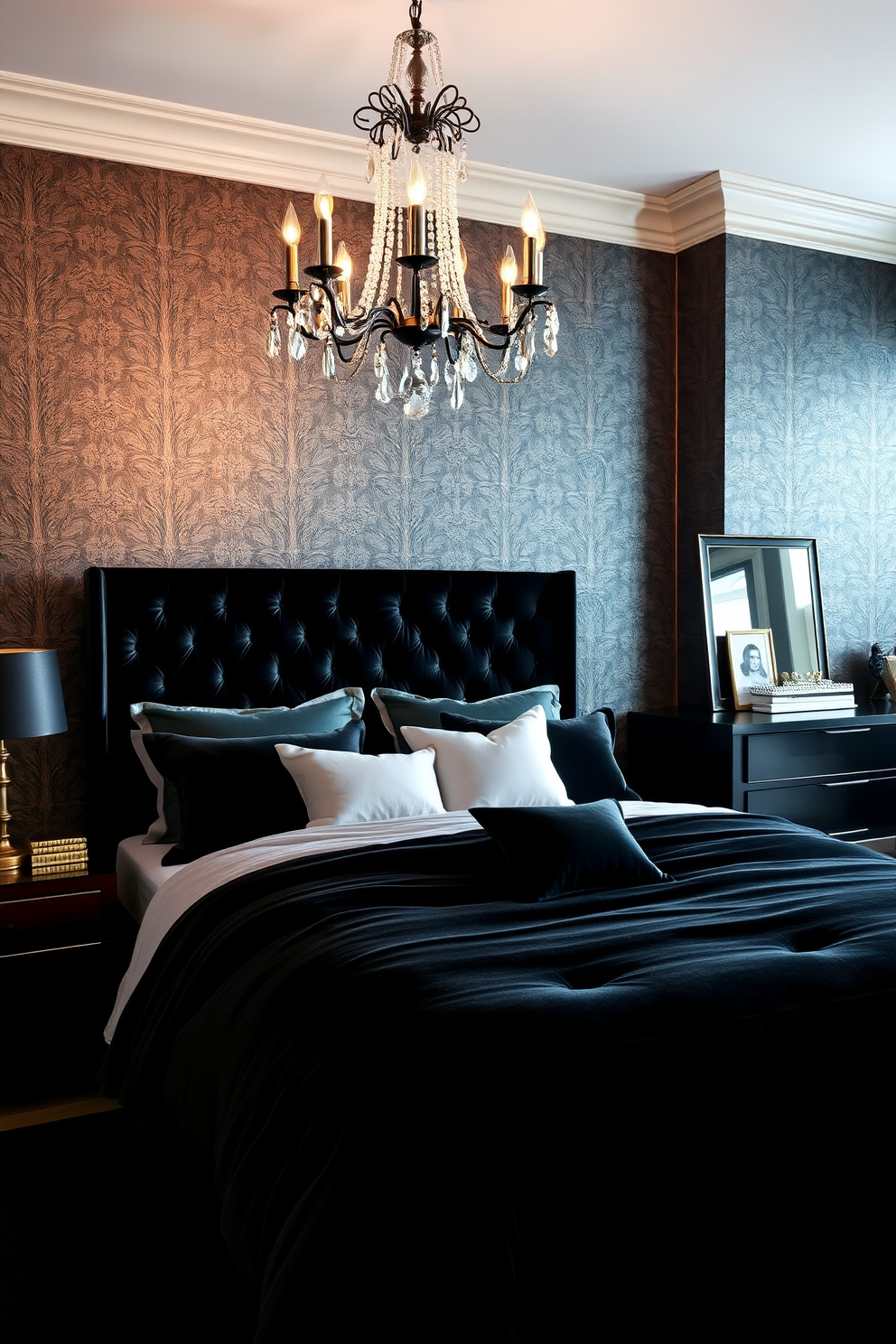 A luxurious black bedroom featuring plush black velvet bedding that exudes sophistication and comfort. The walls are adorned with elegant wallpaper in a subtle metallic finish, complementing the rich textures of the bedding. A statement chandelier hangs from the ceiling, casting a warm glow over the room. Dark wood furniture pieces, including a sleek nightstand and a stylish dresser, add depth and contrast to the space.