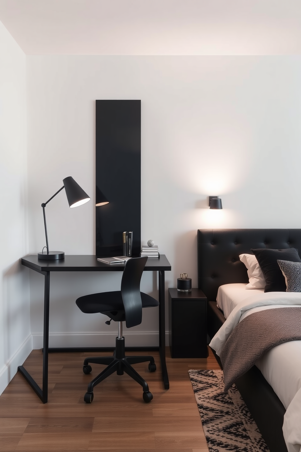 A sleek black desk is positioned against the wall, complemented by a stylish ergonomic chair. The desk is adorned with a minimalistic lamp and a few decorative stationery items, creating an inviting workspace. The bedroom features a plush black upholstered bed with elegant bedding in contrasting shades. Soft lighting from bedside lamps enhances the cozy atmosphere, while a stylish area rug adds warmth to the space.