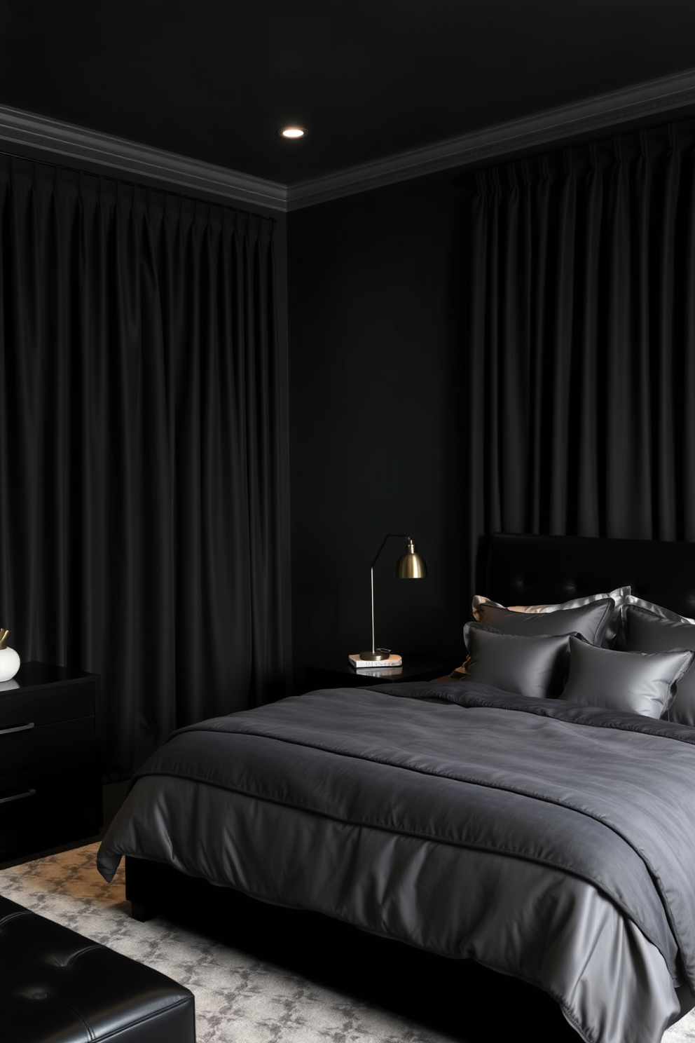 A luxurious black bedroom featuring a plush black bed adorned with colorful throw pillows in vibrant hues. The walls are painted in a soft gray, creating a striking contrast with the dark bedding, while a stylish nightstand holds a sleek lamp for ambient lighting. A cozy reading nook is positioned by the window, complete with a comfortable armchair and a small side table. Elegant drapes frame the window, adding a touch of sophistication to the overall design.