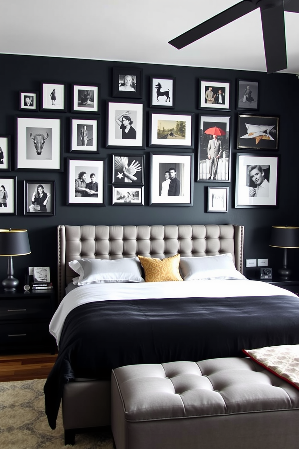 A cozy black bedroom featuring shiplap walls that create a rustic vibe. The space is adorned with a plush king-sized bed dressed in soft white linens and layered with textured throw pillows. On either side of the bed, there are matching wooden nightstands with vintage lamps that cast a warm glow. A large area rug in muted tones anchors the room, while a collection of framed nature prints adorns the walls, adding a touch of charm.