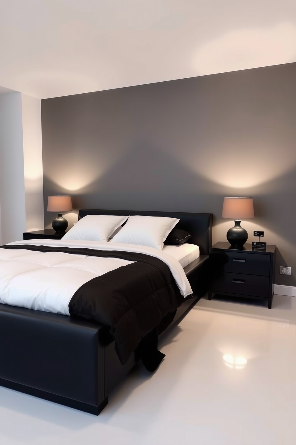 A modern black bedroom featuring sleek lines and minimalist design elements. The bed has a low-profile black frame with a plush white comforter and matching pillows. On either side of the bed, there are black nightstands with stylish lamps that emit a warm glow. The walls are painted in a soft gray, creating a calming backdrop for the bold furniture choices.