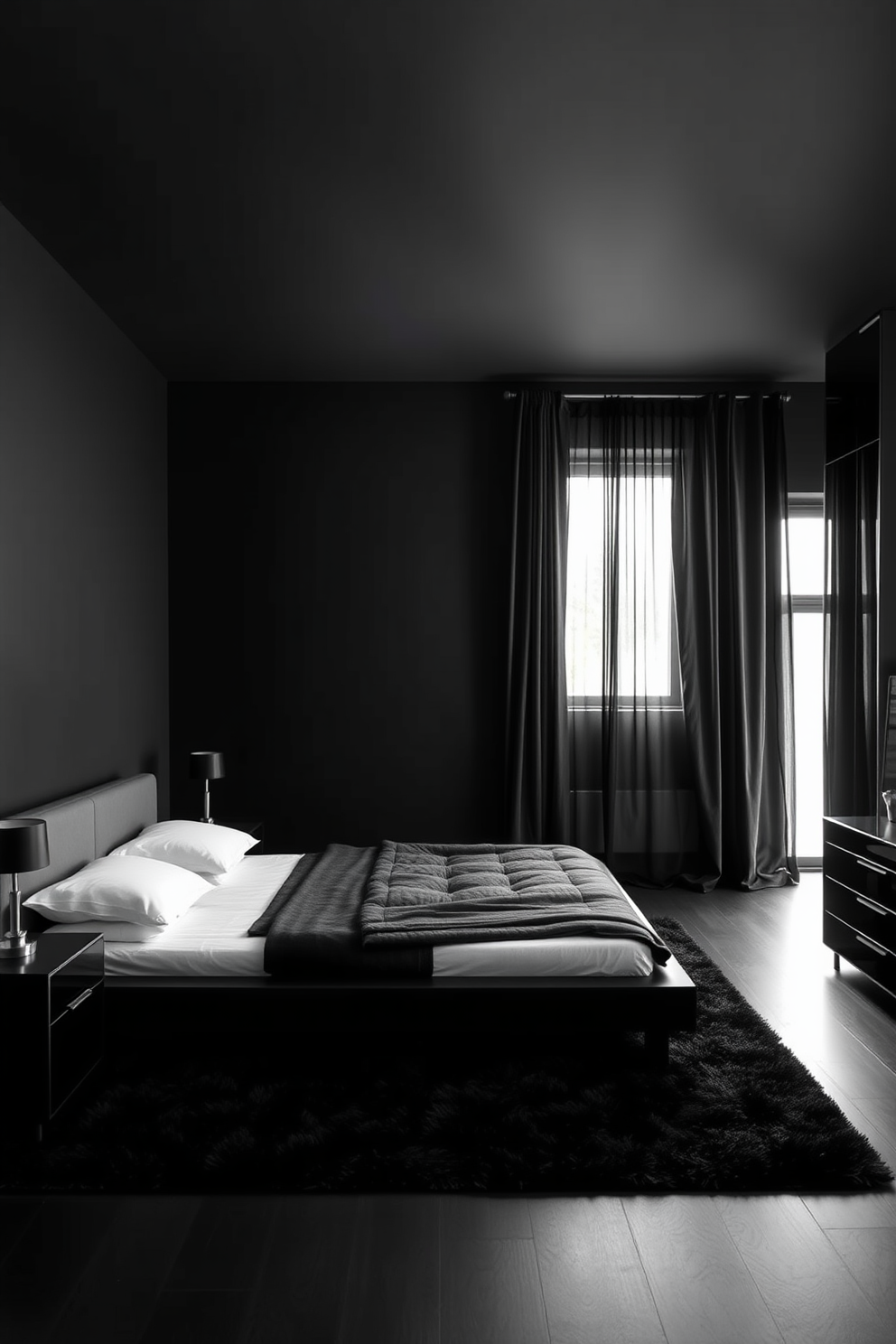 A serene black bedroom featuring a sleek platform bed with a minimalist design. The walls are painted in varying shades of black, creating depth and sophistication while soft black curtains frame the windows. A plush black area rug lies under the bed, adding warmth and comfort to the space. Accent furniture, such as a modern black nightstand and a stylish black dresser, complements the overall monochromatic theme.