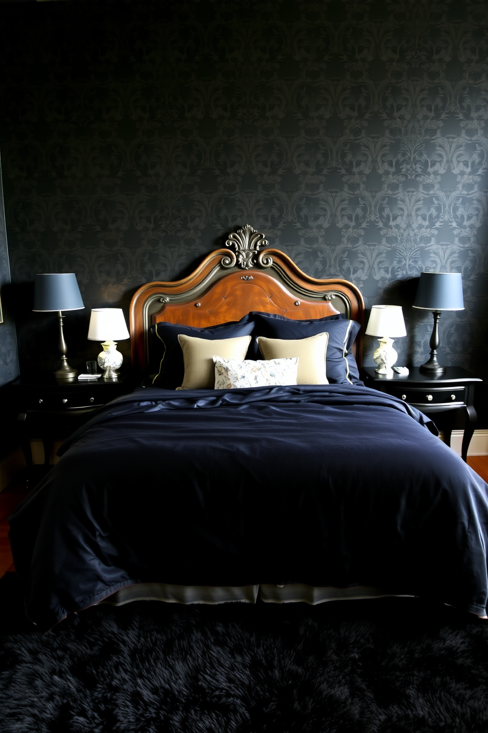 A sleek black bed frame with crisp white linens takes center stage in the room. The walls are painted a soft gray, providing a subtle contrast to the bold black decor. In one corner, a minimalist black nightstand holds a simple lamp with a geometric design. A large abstract painting in black and white hangs above the bed, enhancing the modern appeal of the space.