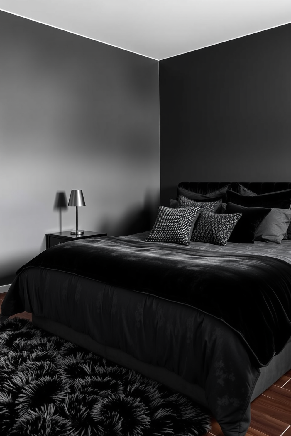 A black bedroom design featuring layered shades of black to create depth and sophistication. The walls are painted in a rich matte black, complemented by a velvet black bedspread and textured black throw pillows. Incorporate a sleek black nightstand with a minimalist lamp to enhance the modern aesthetic. A plush black rug adds warmth to the space while contrasting with the dark wood flooring.