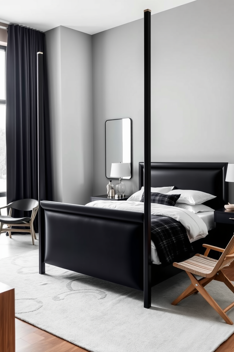 A stylish black bedroom featuring a sleek black bed frame with plush white bedding. The walls are painted in a soft gray, creating a serene backdrop for the contrasting dark furniture. Light wood accents are incorporated through a minimalist nightstand and a cozy reading chair in the corner. A large window allows natural light to flood the room, highlighting the elegant mix of textures and tones.