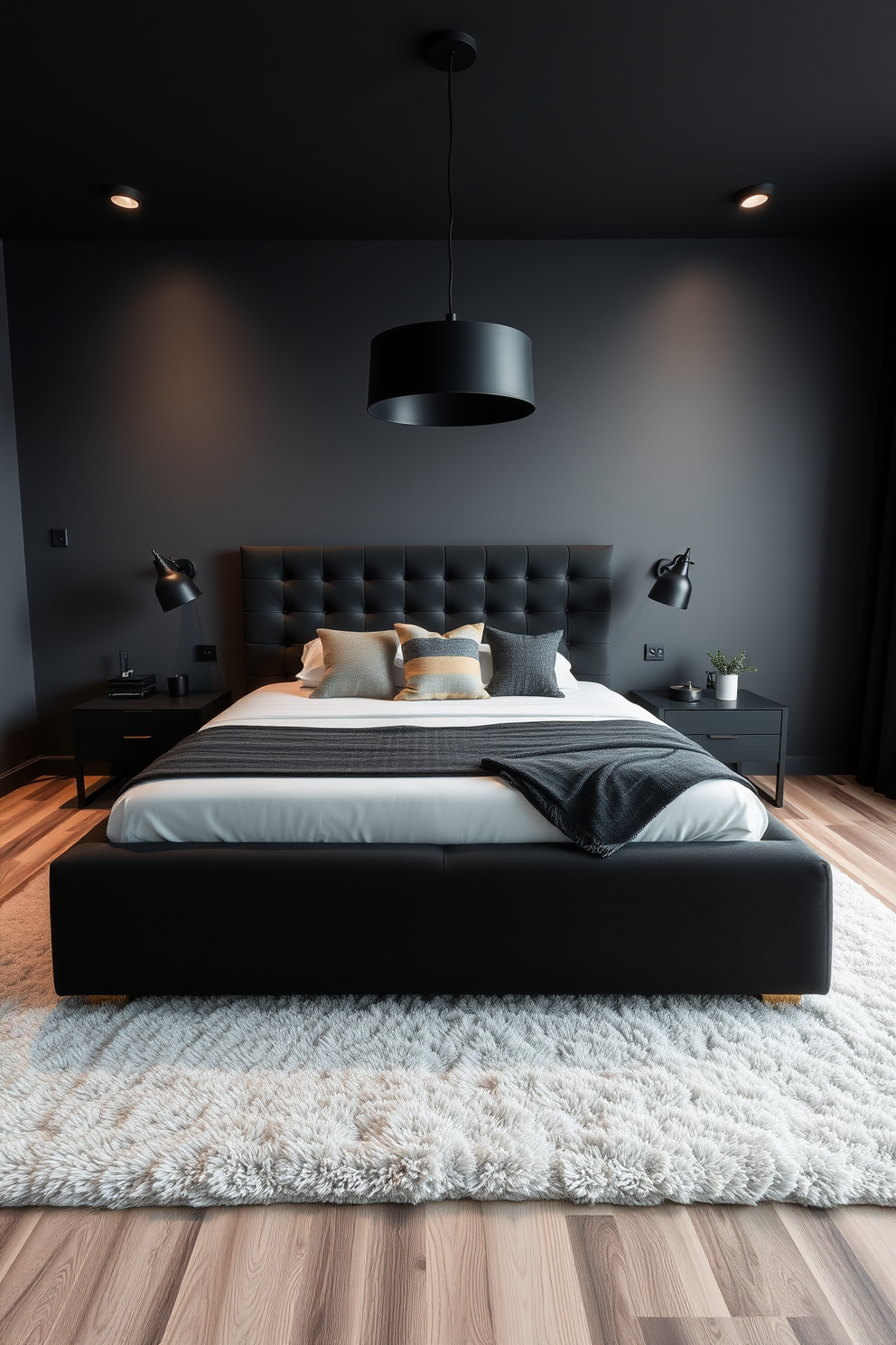 A sleek black bedroom design featuring a large platform bed with a tufted headboard. The walls are painted in a deep charcoal shade, and the floor is adorned with a plush area rug in contrasting light tones. Black lighting fixtures are strategically placed to enhance the modern aesthetic, providing a warm glow throughout the space. Accent pillows in various textures are arranged on the bed, adding depth and comfort to the overall design.