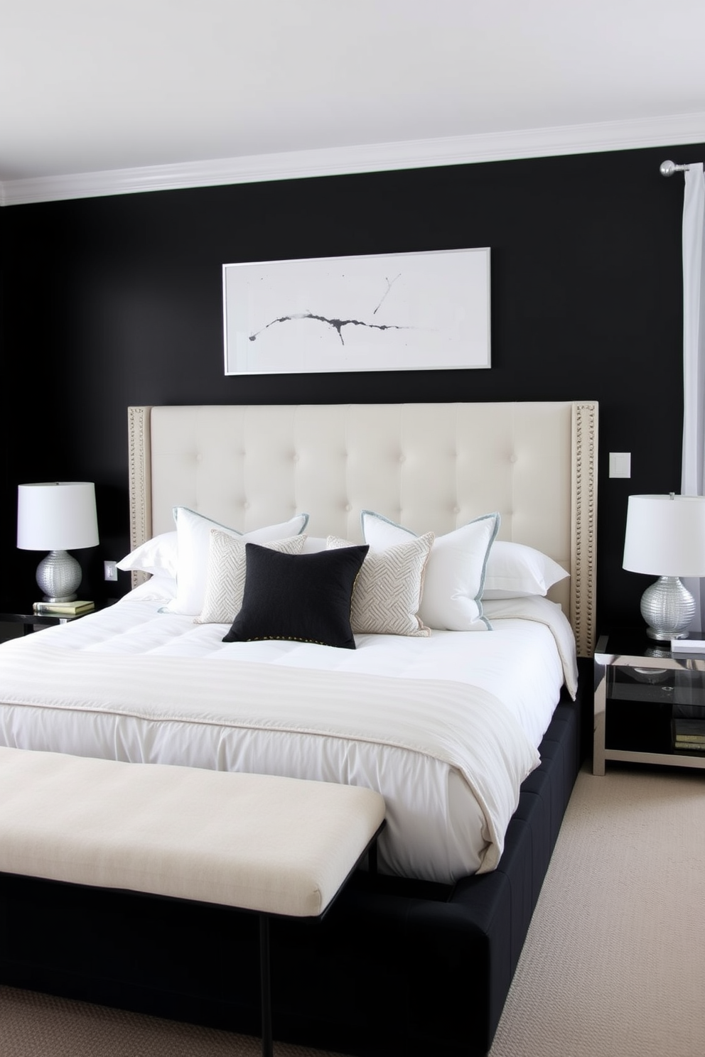 A striking black bedroom features a plush black upholstered bed with white bedding that contrasts elegantly against the dark walls. Accent pillows in various textures add depth, while sleek white nightstands on either side of the bed provide a clean and modern touch. A large abstract white artwork hangs above the bed, drawing the eye and enhancing the room's sophistication. Soft white curtains frame the windows, allowing natural light to filter in and brighten the space while maintaining a cozy atmosphere.