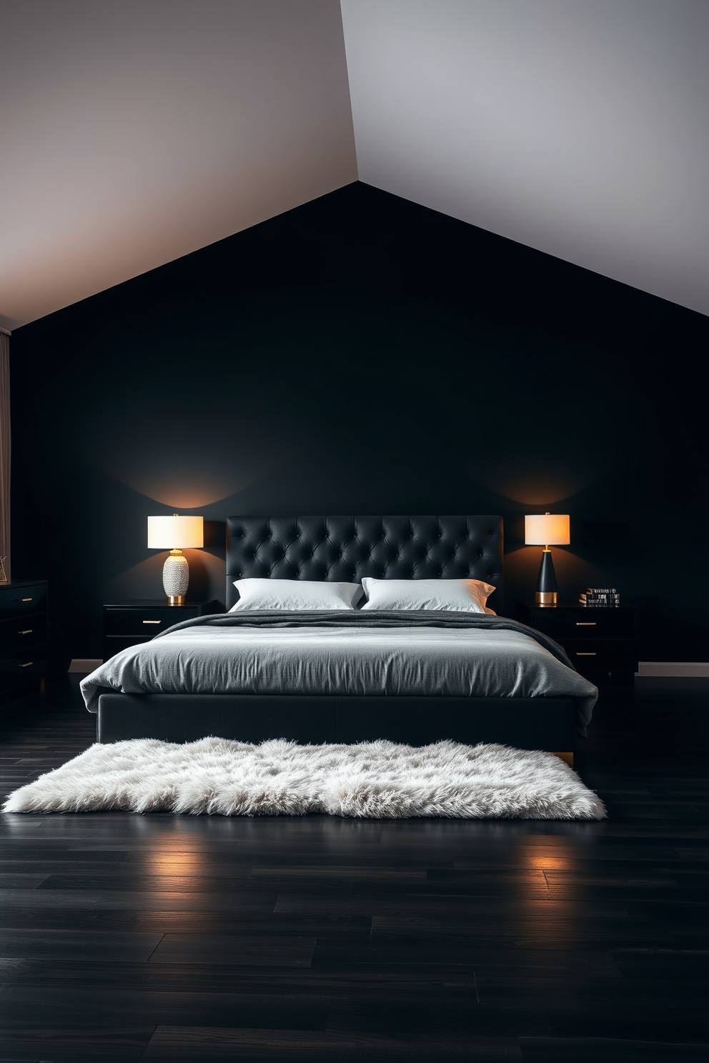 A luxurious black bedroom featuring textured black wallpaper that adds depth and sophistication to the space. The room is accented with plush bedding in contrasting shades and elegant lighting fixtures that create a warm ambiance.