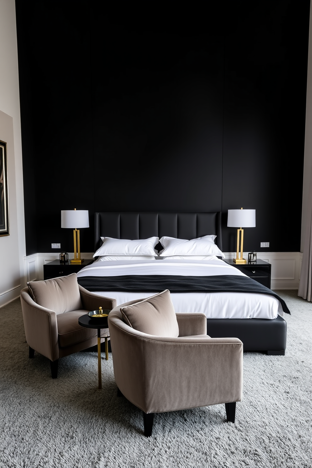 A striking black accent wall serves as the backdrop for a luxurious king-sized bed dressed in crisp white linens. Flanking the bed are sleek black nightstands topped with modern lamps, creating a sophisticated contrast against the dark wall. The room features plush gray carpeting that adds warmth and texture to the space. A stylish seating area with a velvet armchair and a small side table invites relaxation, while gold accents in the decor provide a touch of elegance.