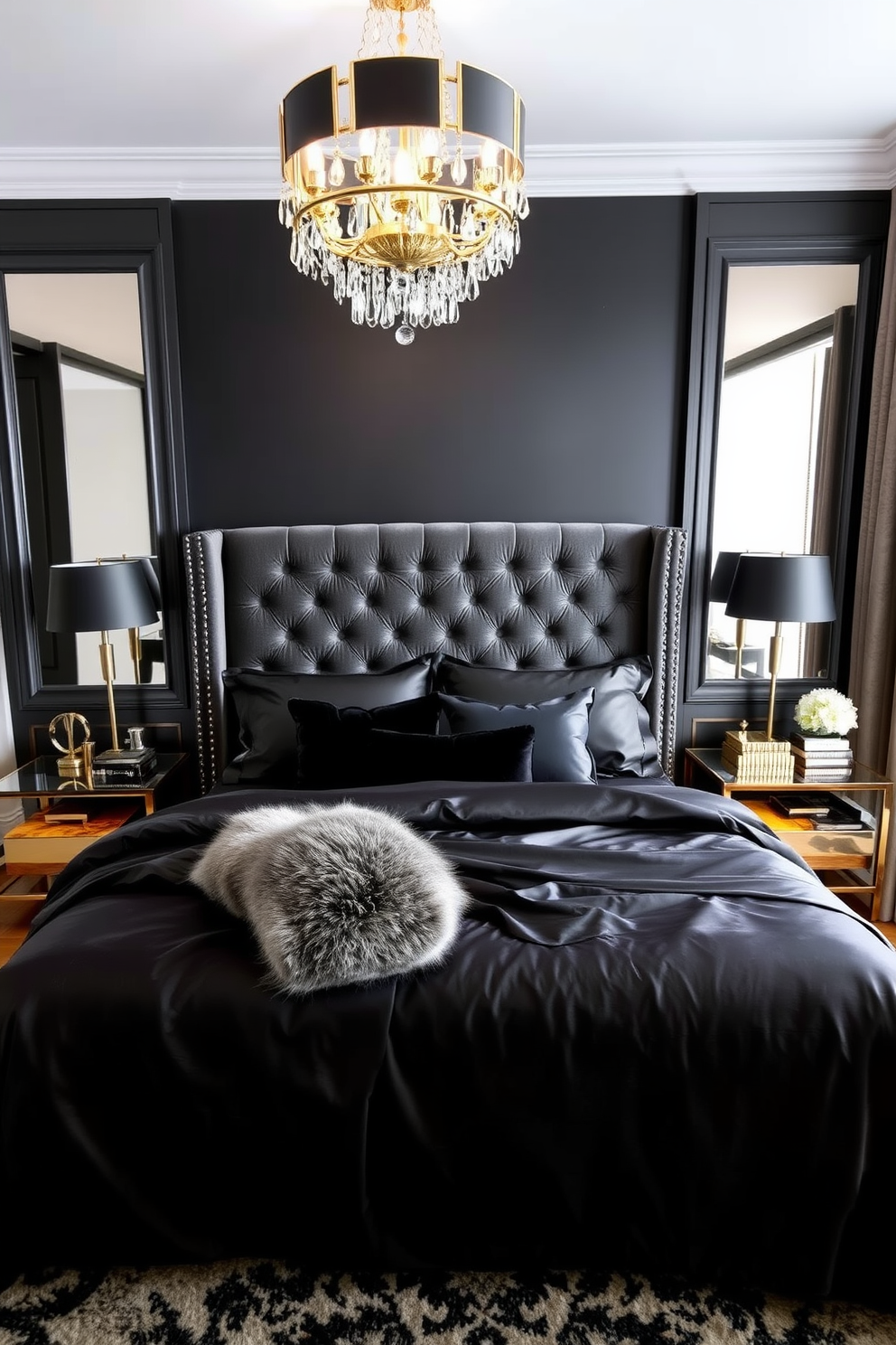 A modern bedroom featuring dark wood floors complemented by plush black rugs that add warmth and texture. The walls are painted in a soft gray, and a king-sized bed with a sleek black upholstered headboard dominates the space. On either side of the bed, stylish nightstands with metallic accents hold contemporary lamps. A large abstract painting in shades of black and white hangs above the bed, creating a striking focal point.