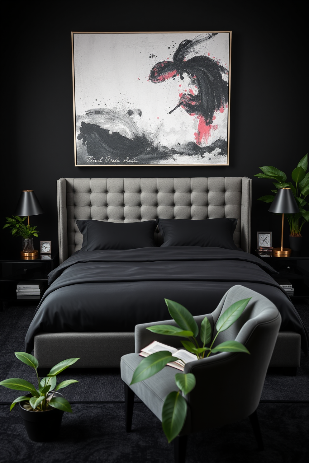 A serene black bedroom setting featuring a large upholstered bed with plush black bedding. Flanking the bed are sleek black nightstands with modern lamps, and above the bed hangs a large abstract painting in contrasting colors. To add a touch of nature, place lush greenery with plants in stylish black pots in the corners of the room. A cozy reading nook is created with a comfortable chair and a small side table, enhancing the tranquil atmosphere.