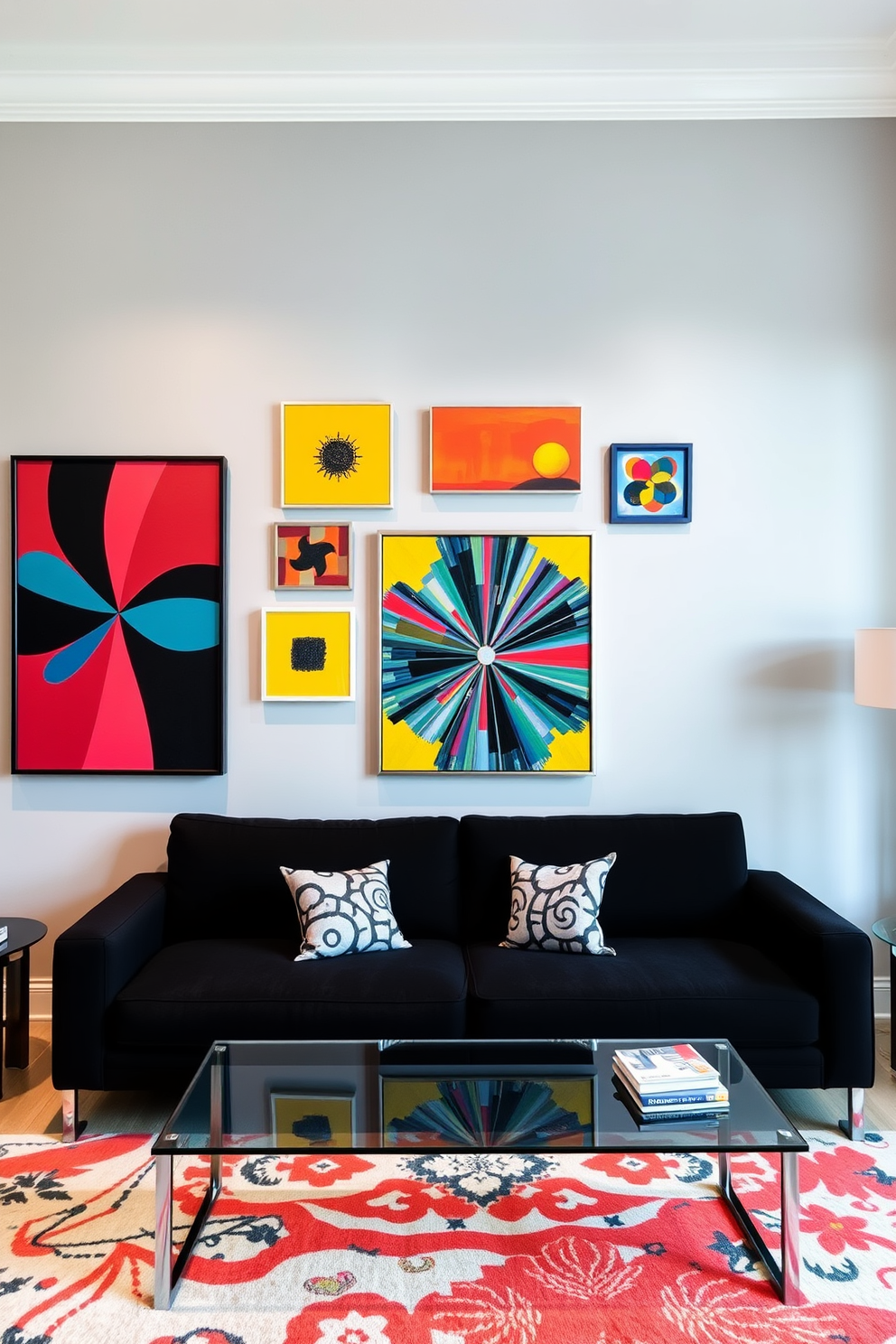 A stylish living room featuring a black couch positioned against a light gray wall. Above the couch, vibrant modern art pieces in various sizes and colors create a striking focal point, enhancing the room's contemporary aesthetic.