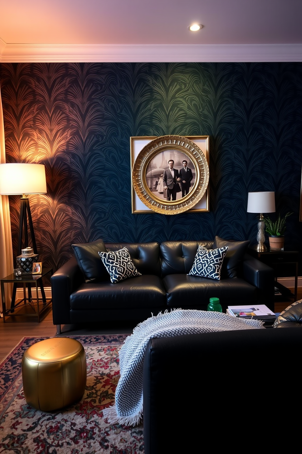 A striking living room featuring bold wallpaper that adds a vibrant backdrop behind a sleek black couch. The space is accented with stylish decor elements and warm lighting, creating an inviting atmosphere for relaxation and entertainment.