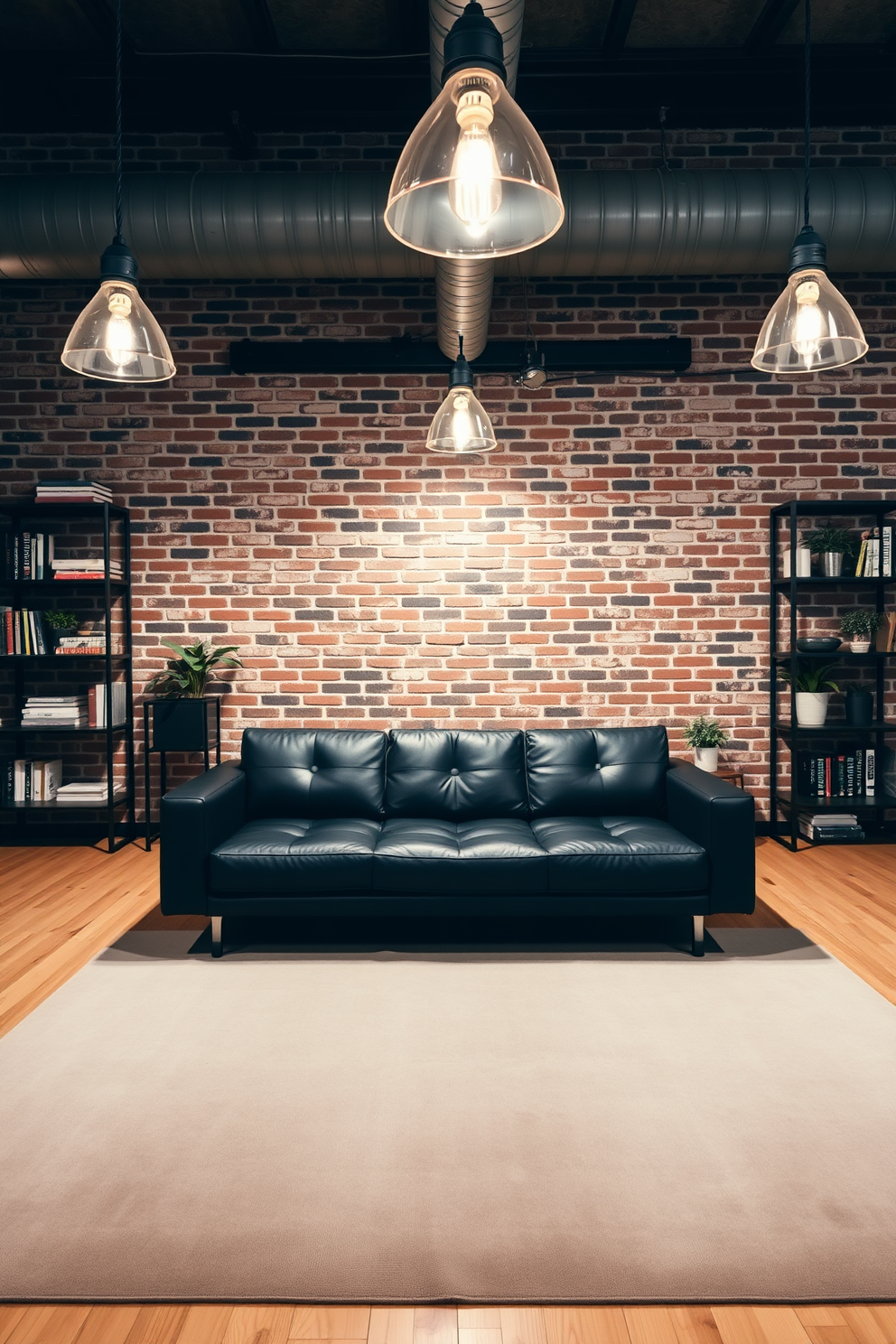 A modern living room featuring a sleek black couch positioned centrally against a backdrop of exposed brick walls. Industrial lighting fixtures hang from the ceiling, casting a warm glow over the space and highlighting the minimalist decor. The room is accented with metal shelves displaying curated books and plants, adding a touch of greenery to the industrial aesthetic. A large area rug in neutral tones anchors the seating area, creating a cozy yet stylish atmosphere.