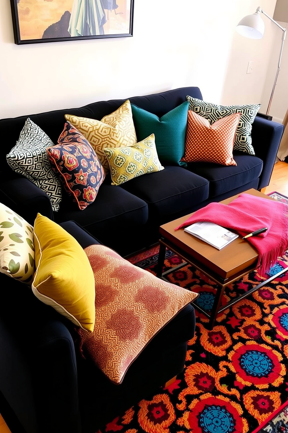 A stylish living room featuring a black couch adorned with a variety of patterned cushions in bold colors and textures. The floor is covered with a vibrant area rug that complements the cushions while adding depth to the space.